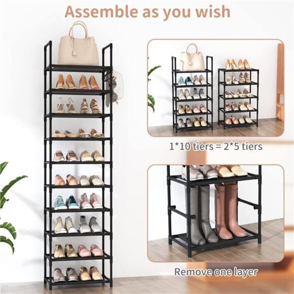 Tall Narrow Shoe Rack 10 Tier Organizer Shelf Holds 25 Pairs Black Storage - Picture 4 of 5